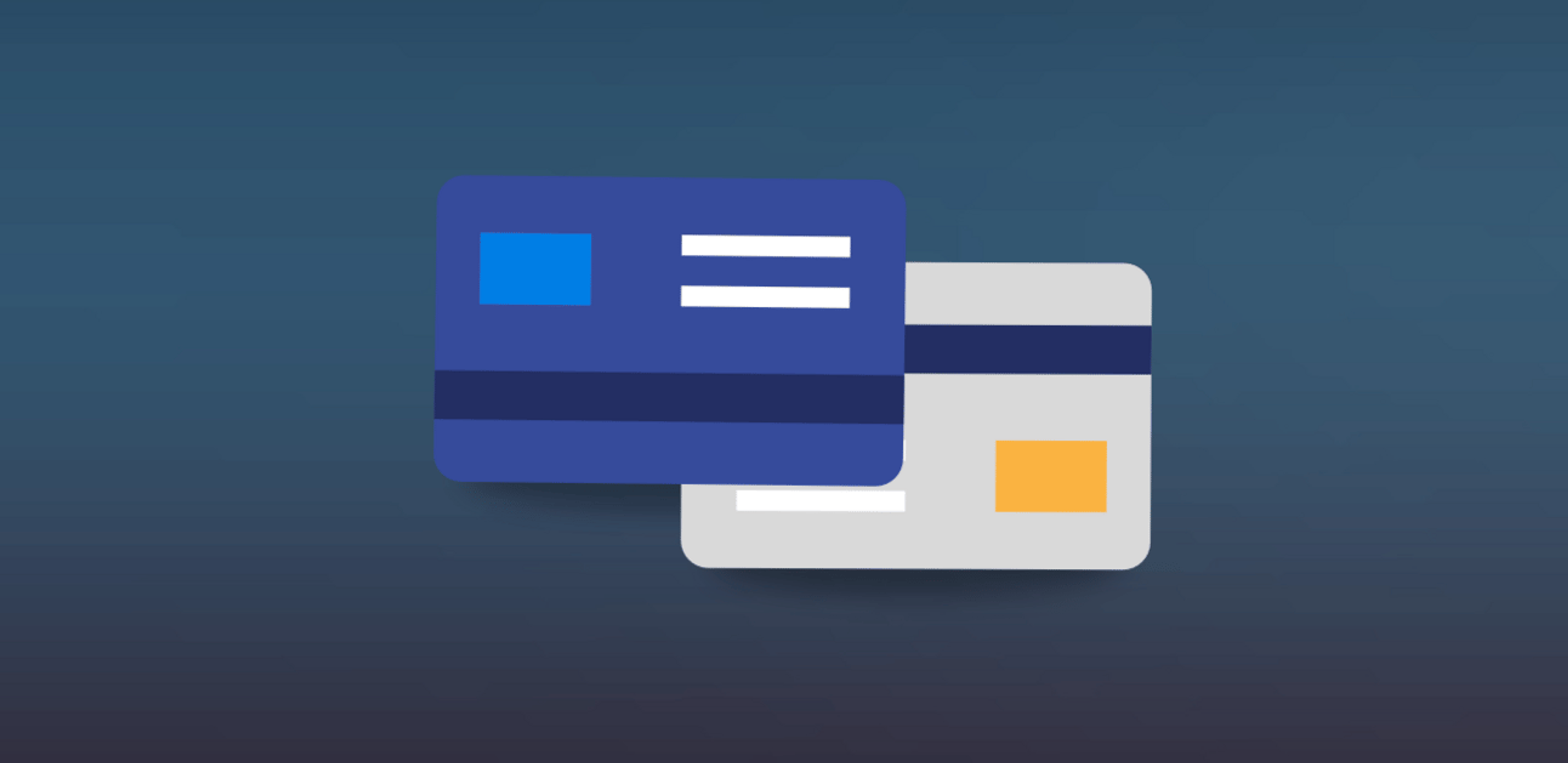 Two blue and gray card graphics on a blueish-green background