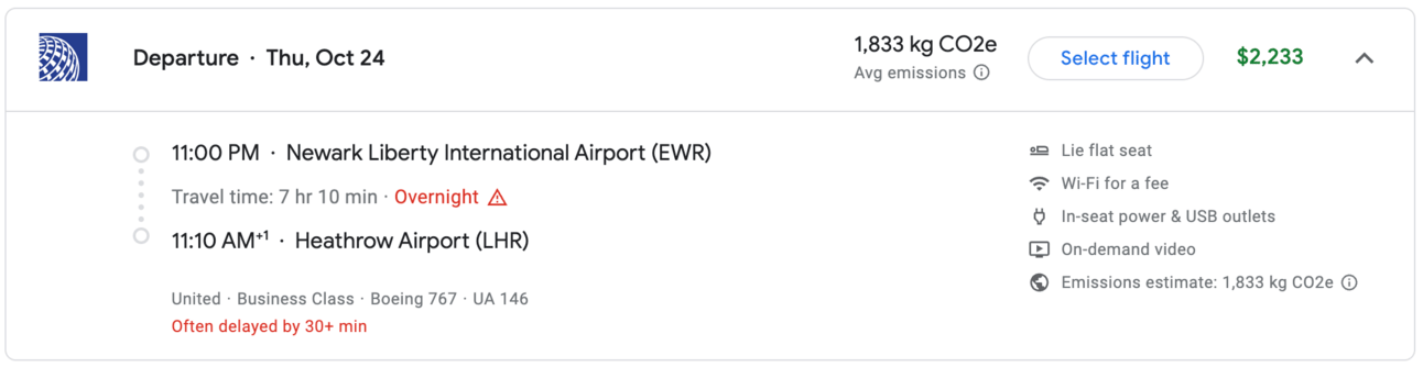 A screenshot from Google Flights showing the same United flight bookable for 45,000 LifeMiles, but with a cash cost of over $2,000