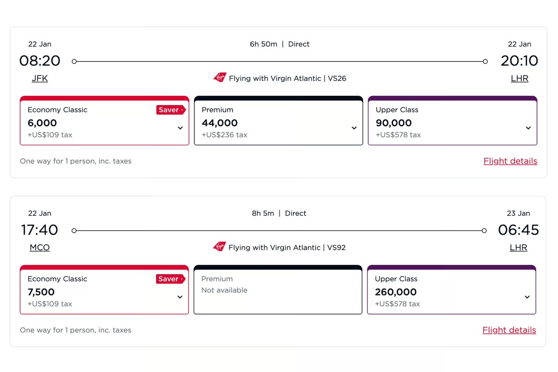 VA award flights starting at 6,000 points one way