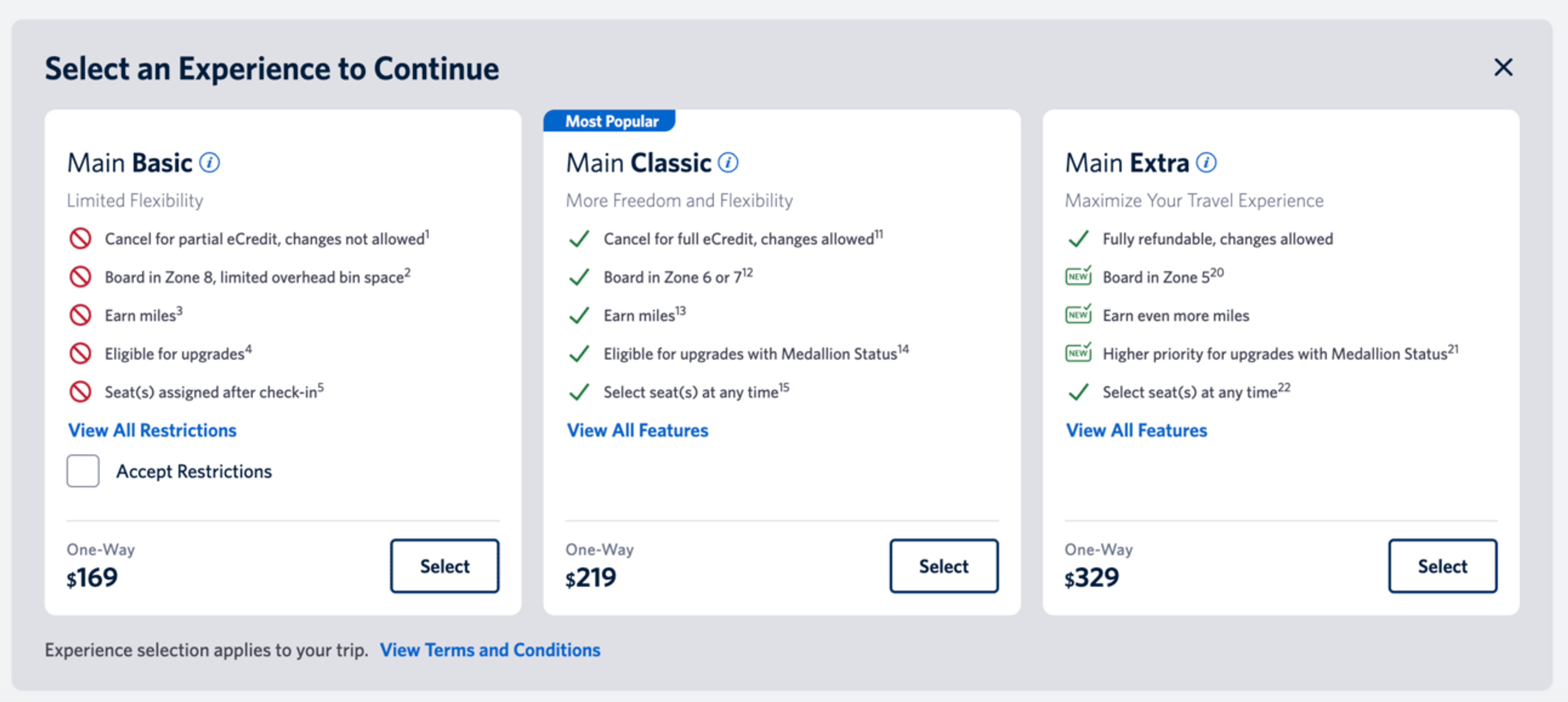 Delta Main sub-fare options