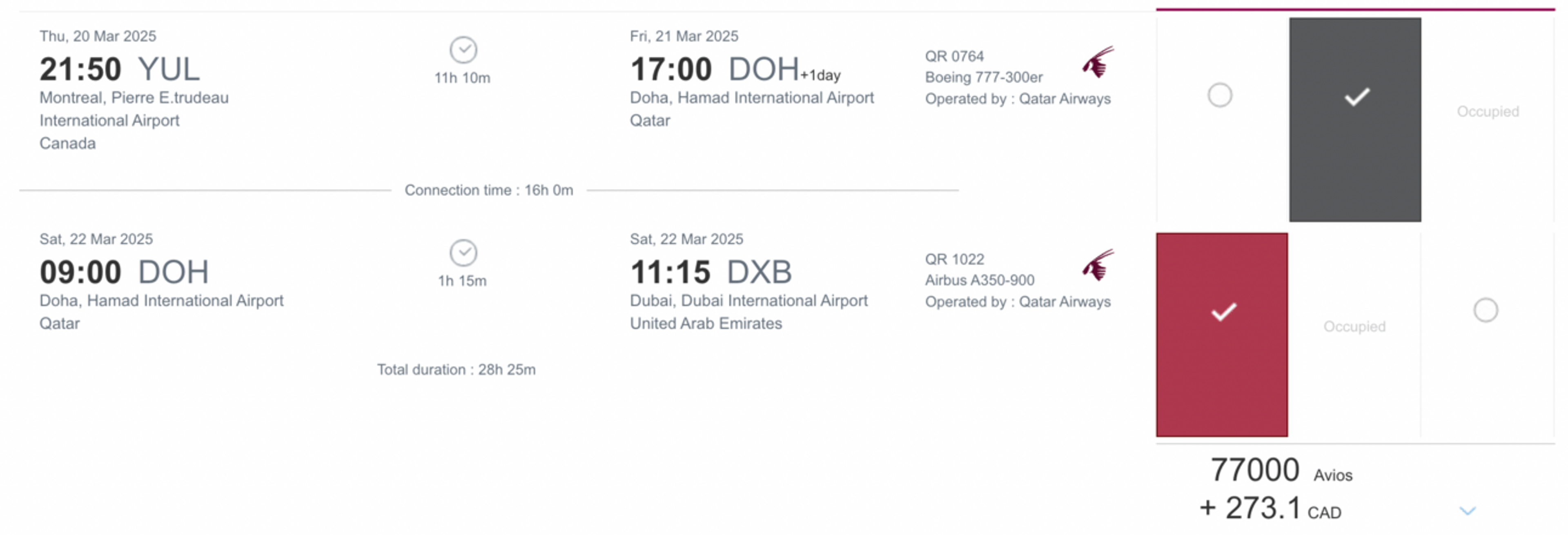 Sample Qsuites booking on Qatar's website