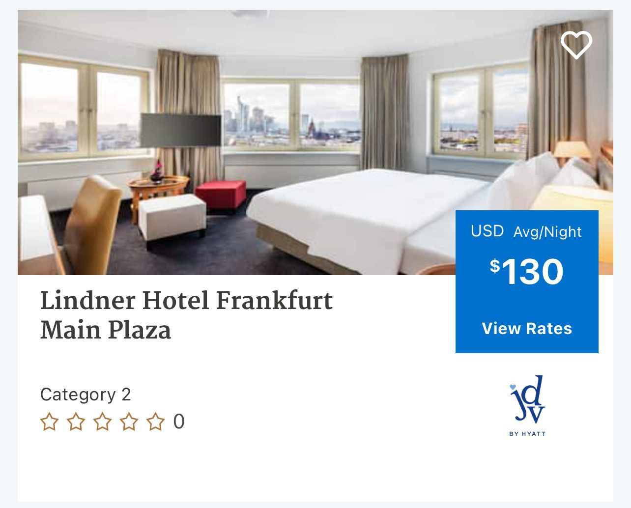 A smple ooking of a Lindner hotel in Frankfurt for $130 per night
