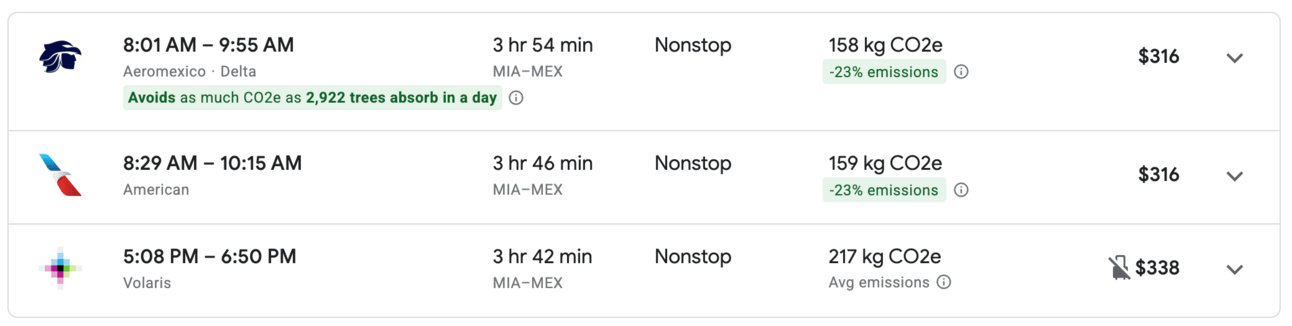 Cash rates for flights between Miami and Mexico City