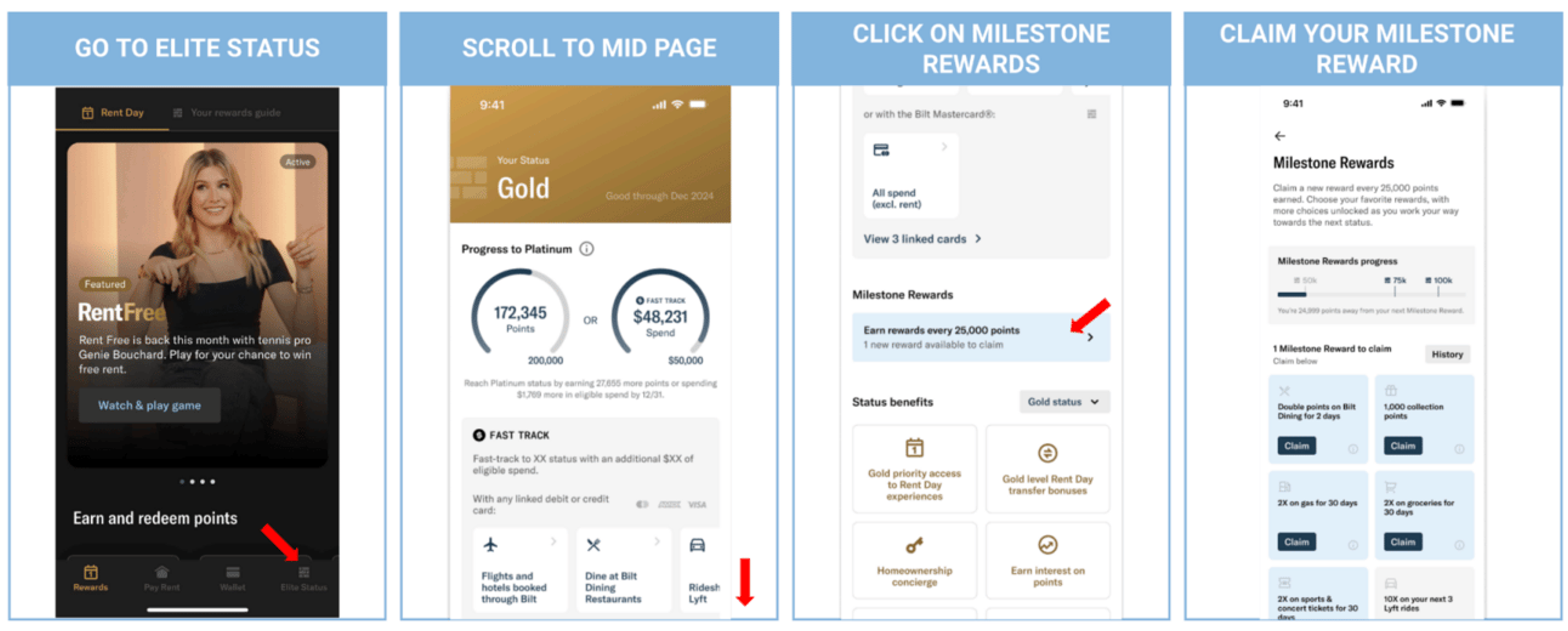 A screenshot showing how o navigate o the Milestone Rewards within the Bilt app