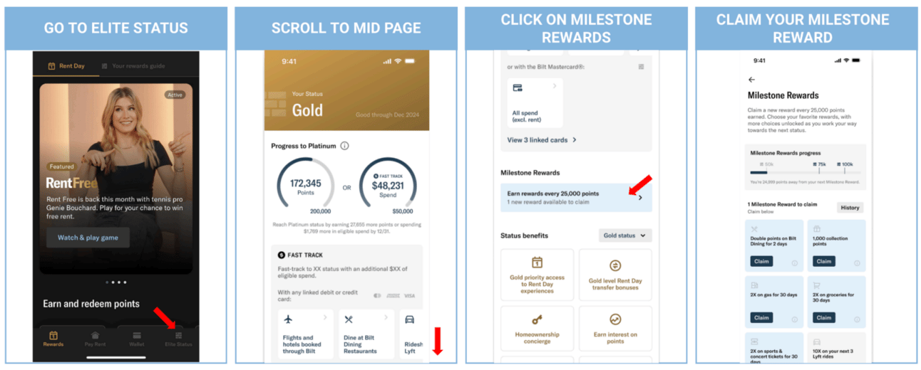 A screenshot showing how o navigate o the Milestone Rewards within the Bilt app