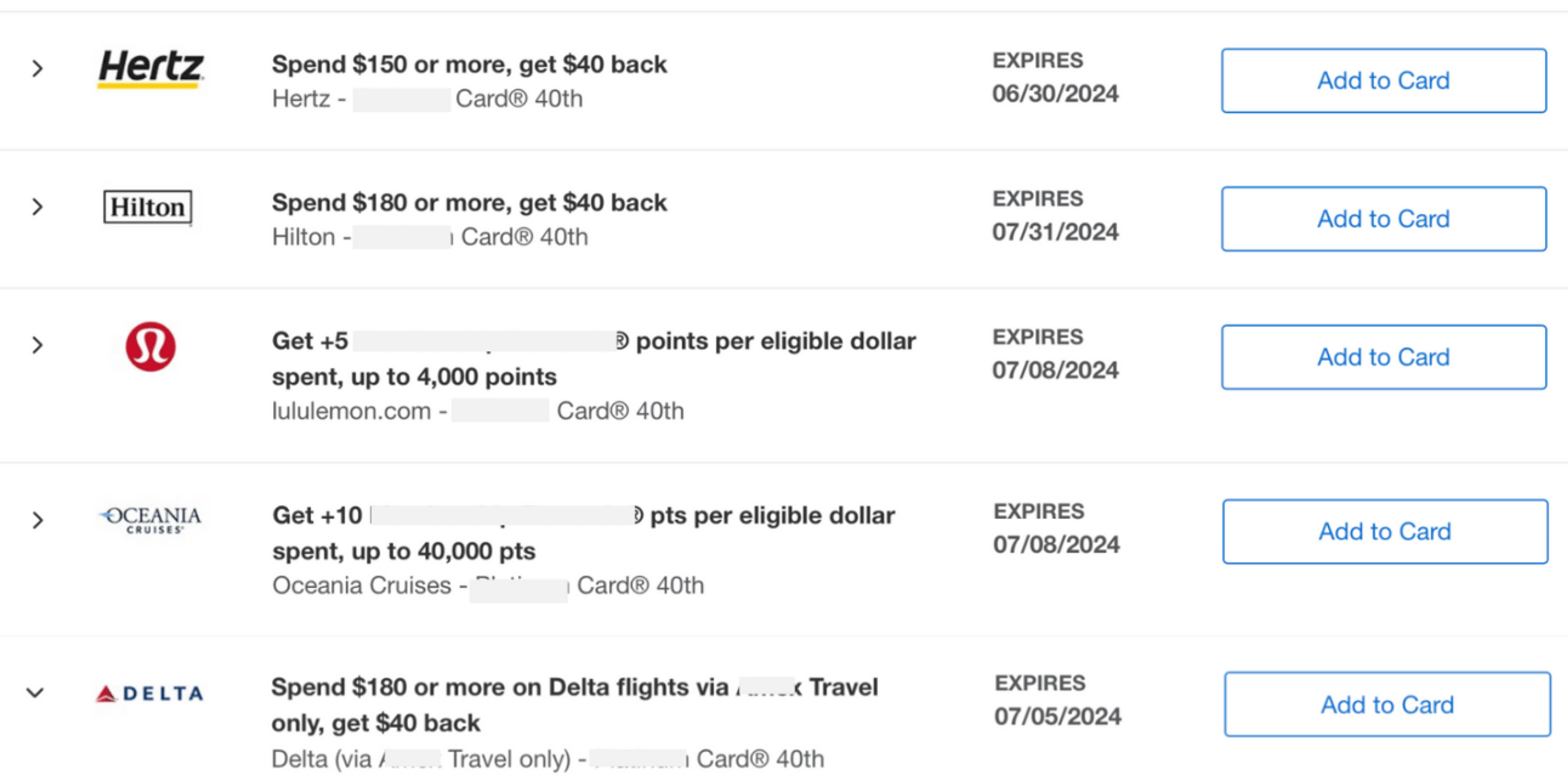 Screenshot showing merchant offers from Hertz, Hilton, Lululemon, Oceana Cruises, and Delta