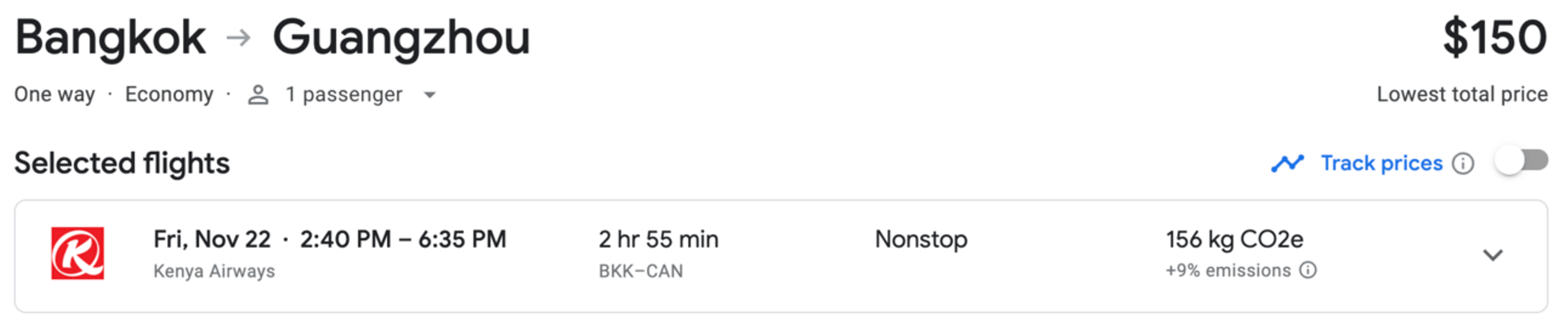 Bangkok to Guangzhou on Kenya Airways for $150