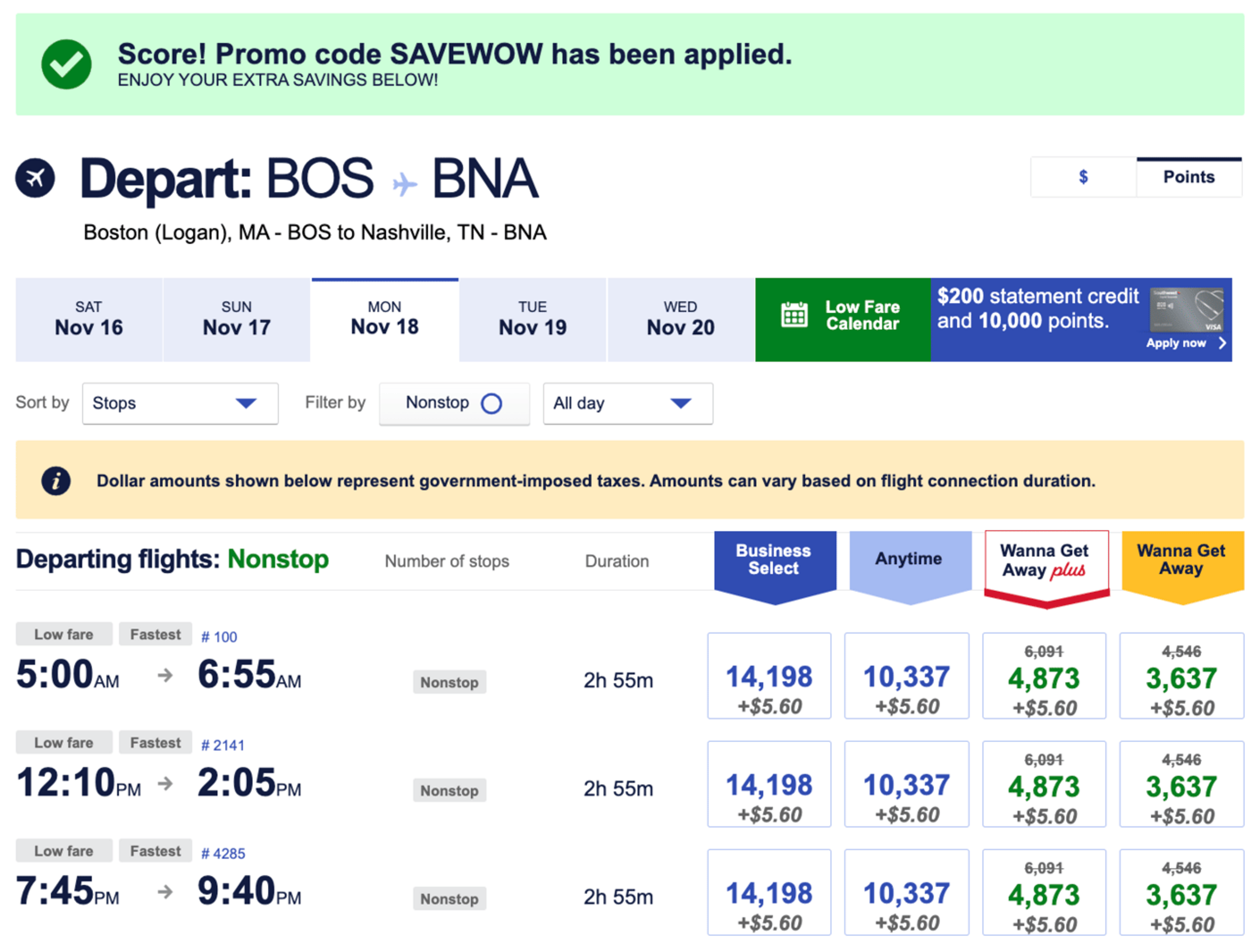 Boston to Nashville for 3,600 Southwest points