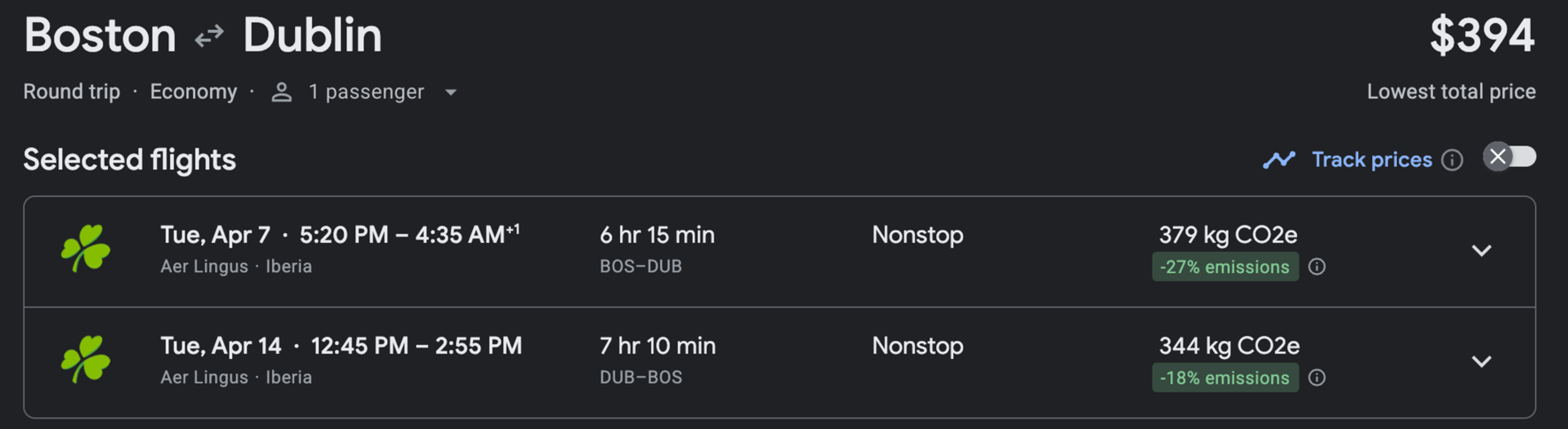 BOS to DUB for $394 round trip