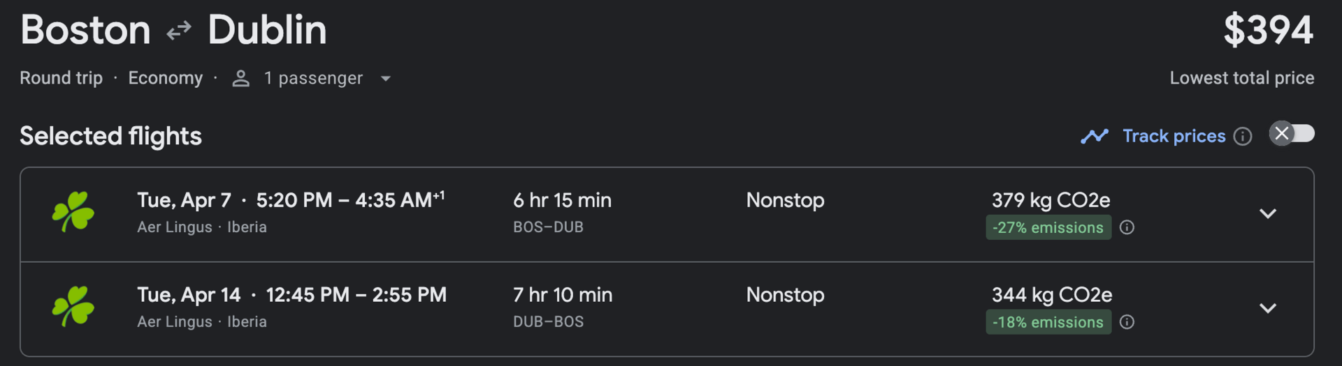 BOS to DUB for $394 round trip