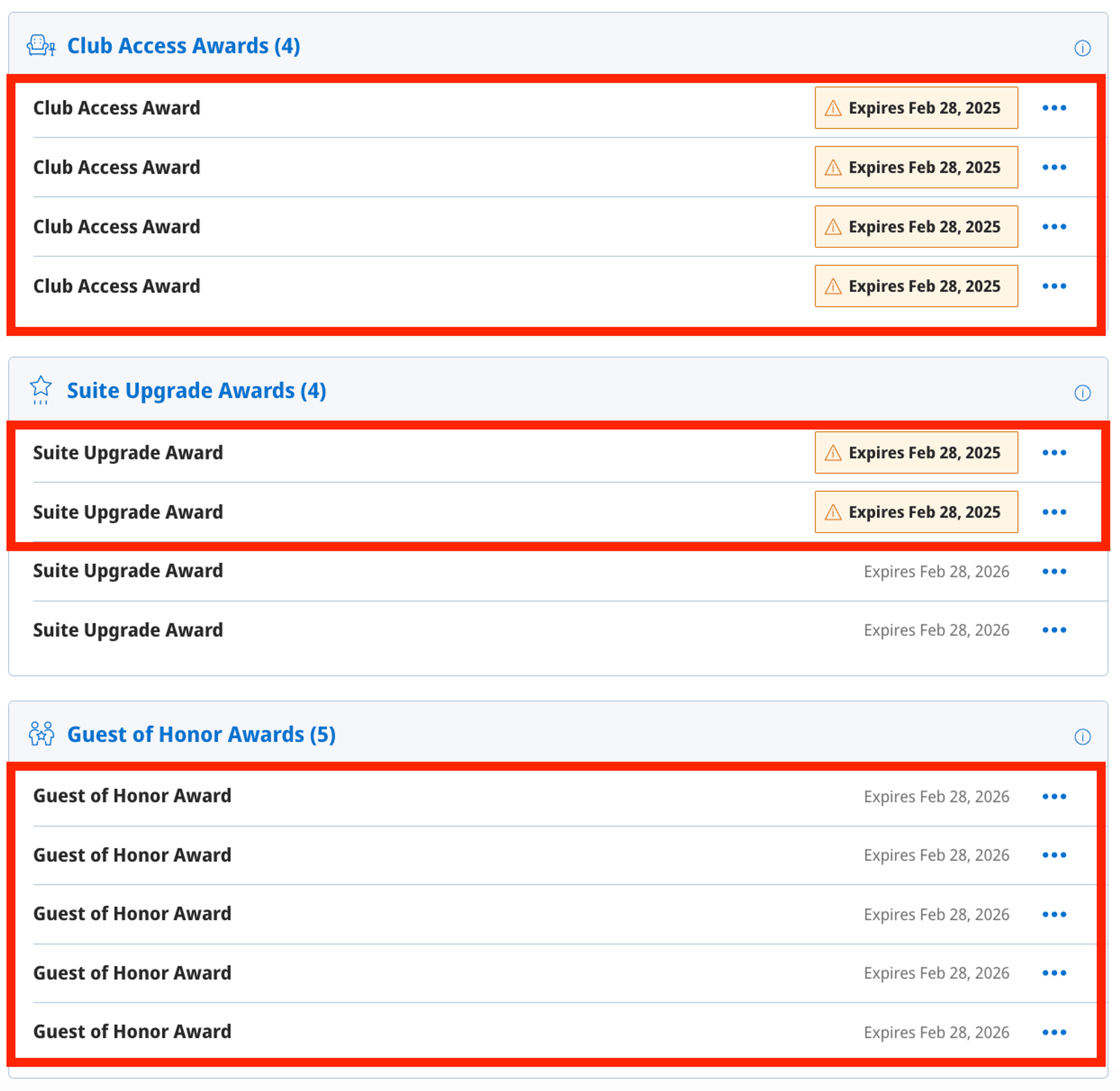 A screenshot of all of the Hyatt awards I'm giving away