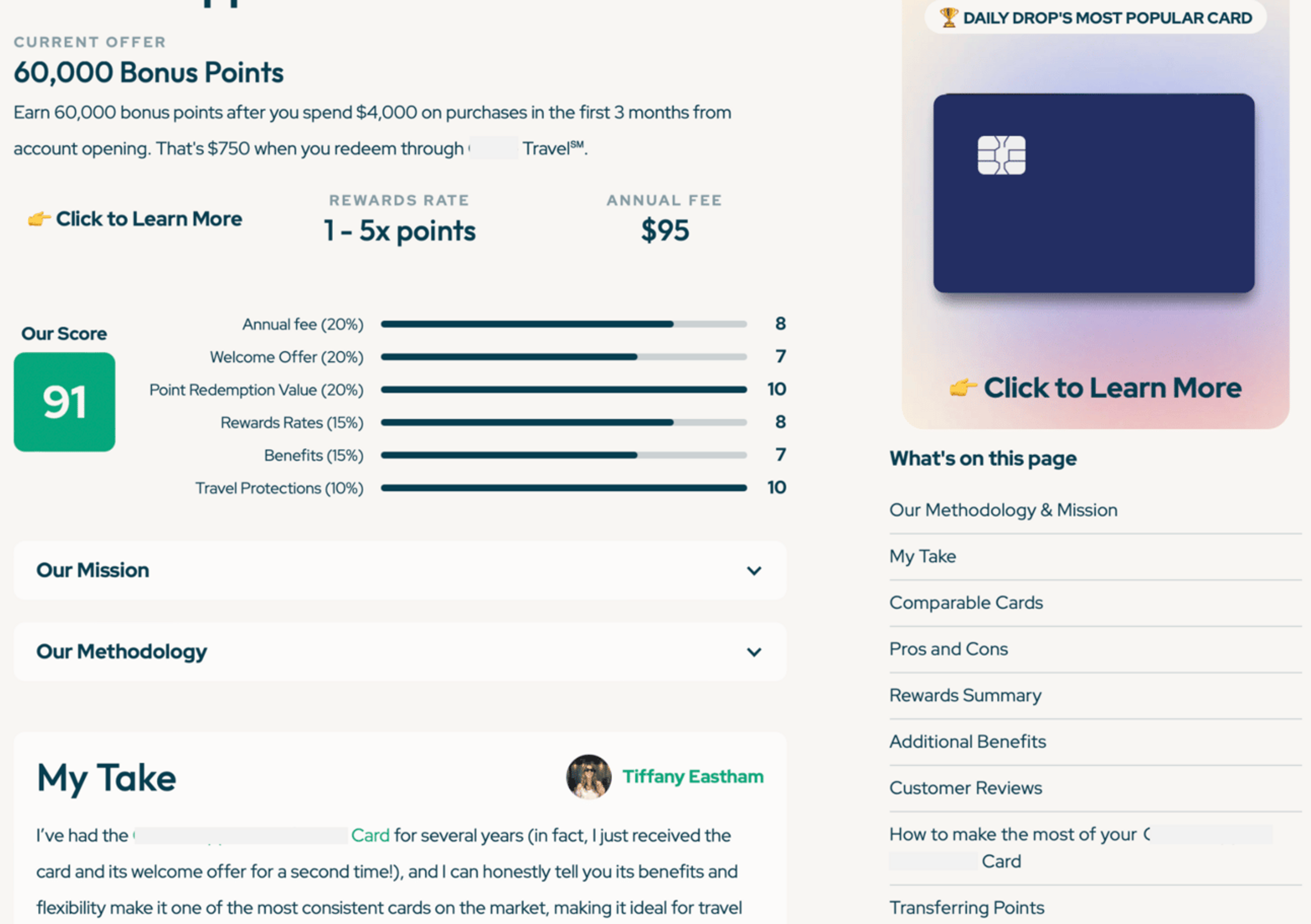 Screenshot of a credit card review page