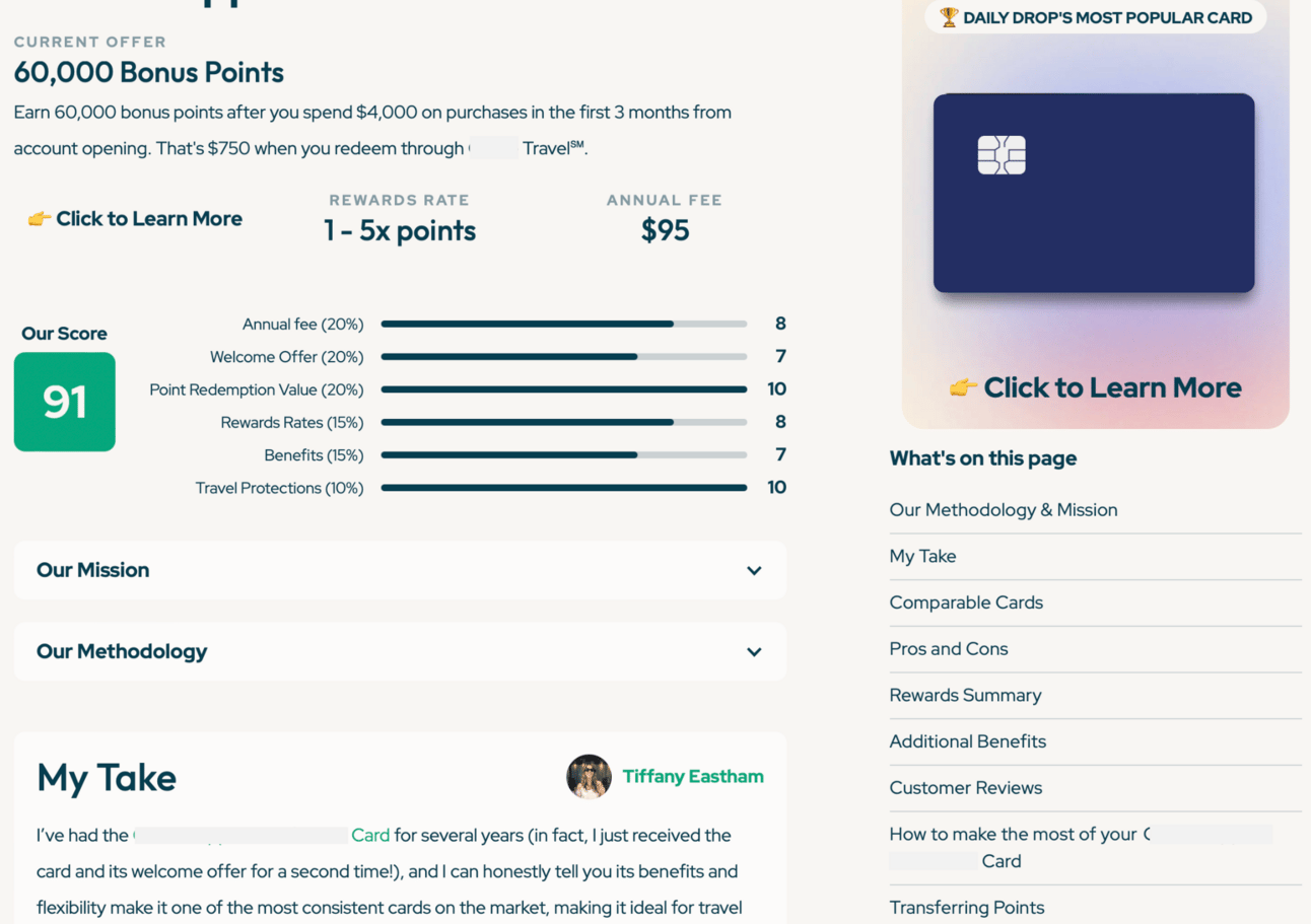 Screenshot of a credit card review page
