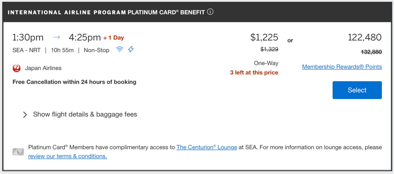 Screenshot from Amex Travel