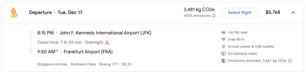 The same flight from the previous example but booked with cash