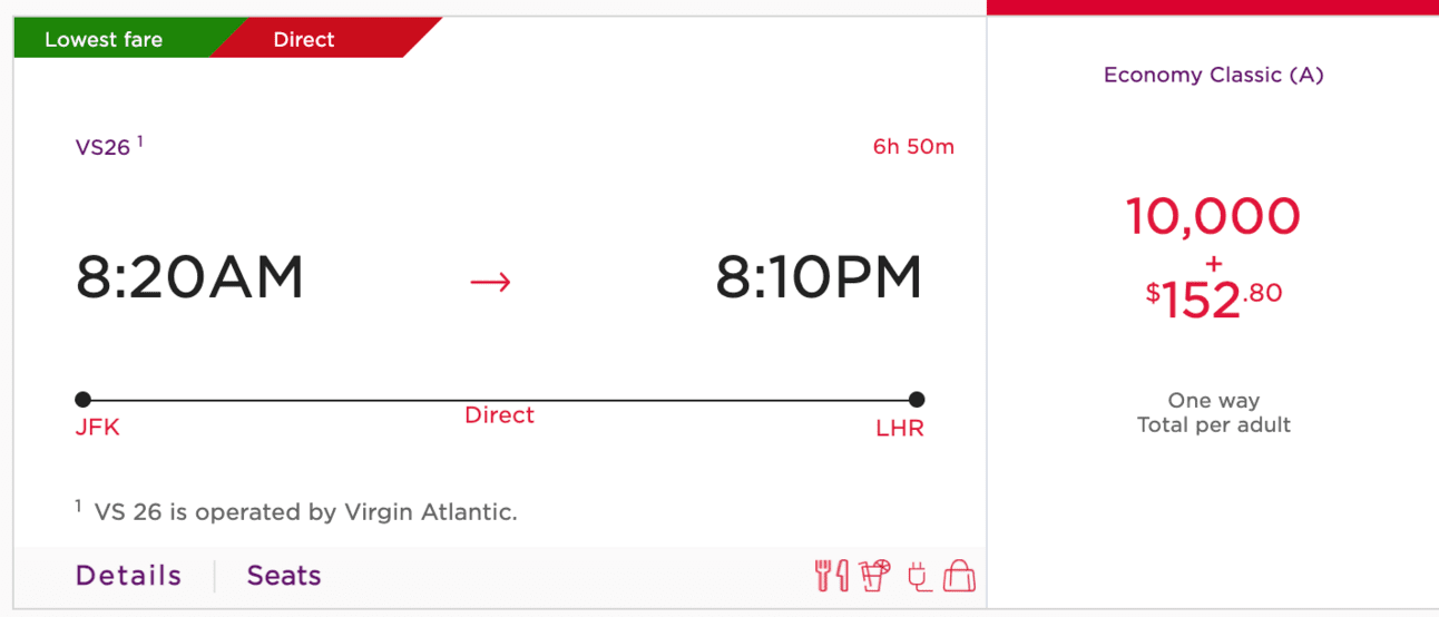 NYC to London for 10,000 Virgin Atlantic miles