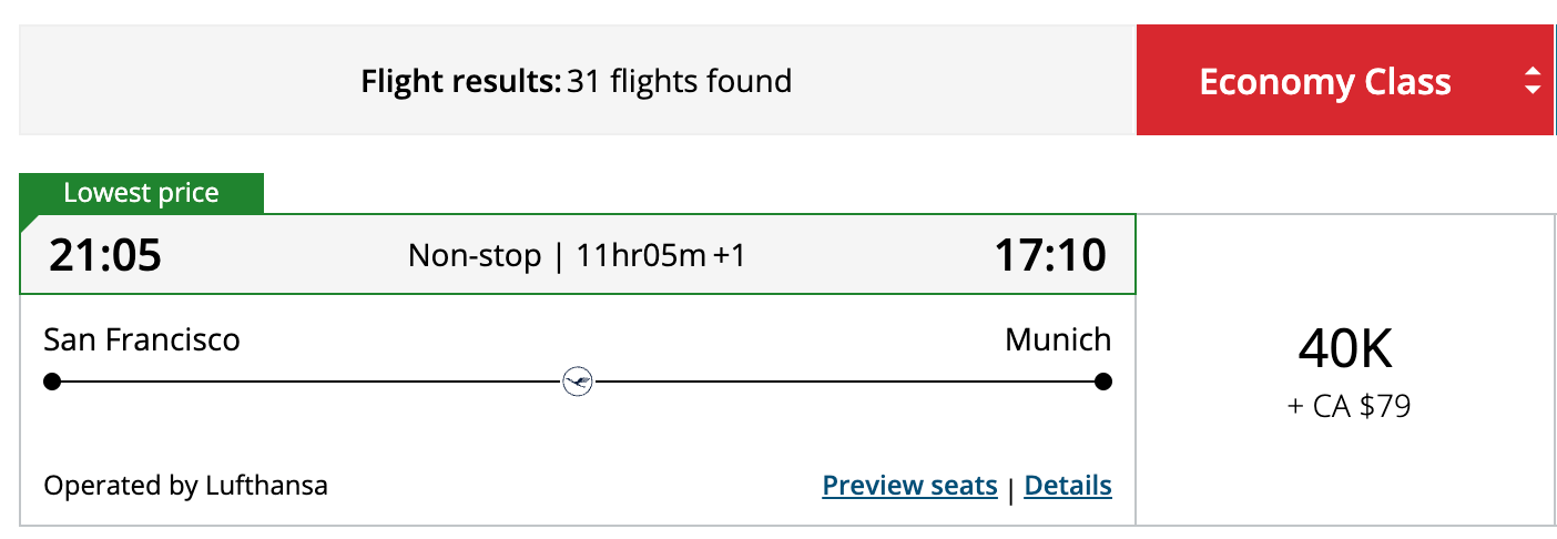 SFO to Munich on Lufthansa for 40k Aeroplan points