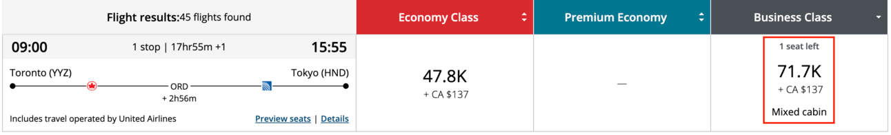 Business class flight to Tokyo