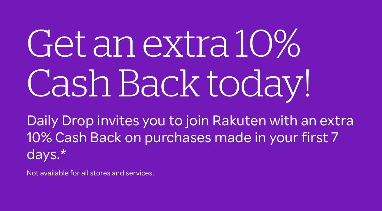 Screenshot showing Rakuten's new offer on a purple background