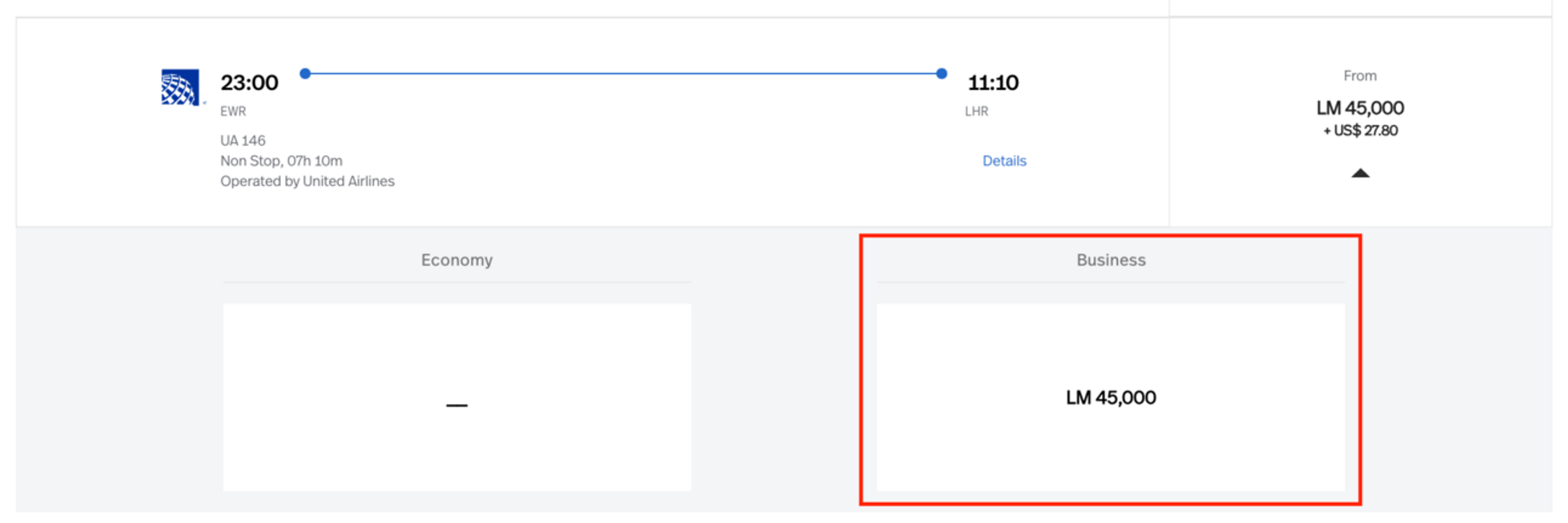 New York to London for 45,000 miles in business class