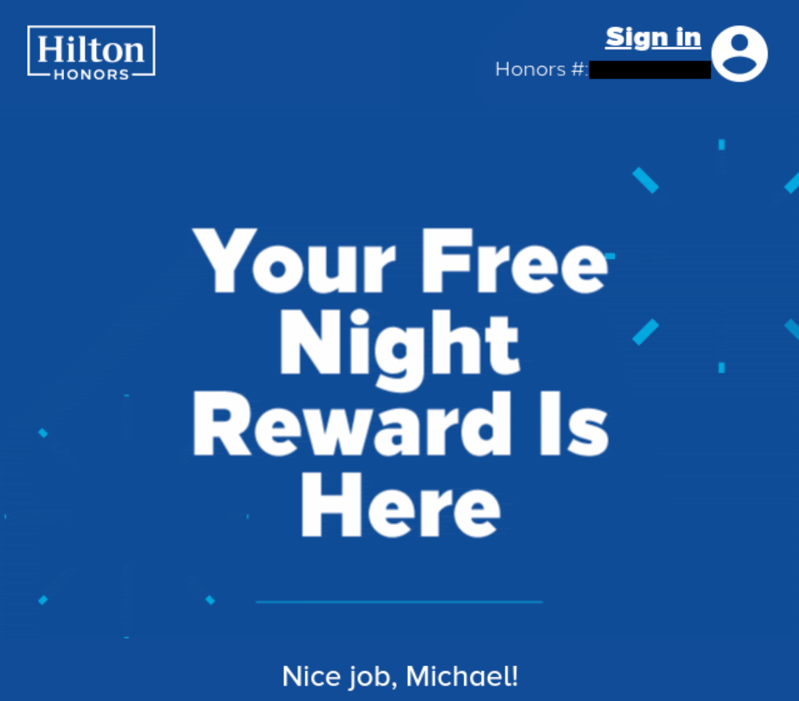 Screenshot from my email from Hilton informing me of my new Free Night Certificate