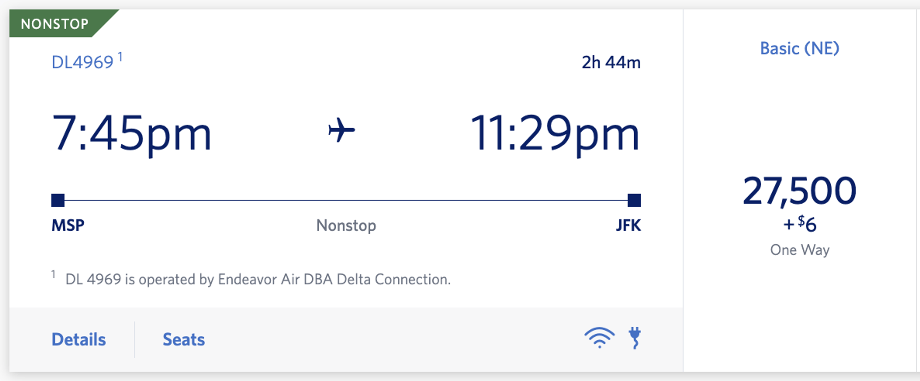 A screenshot of a Delta flight from MSP-JFK using SkyMiles