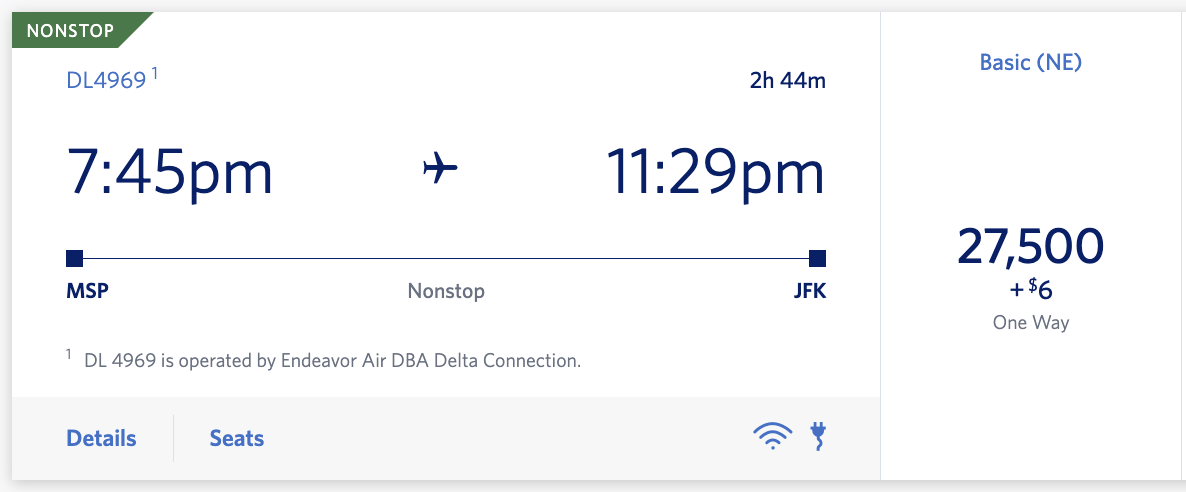 A screenshot of a Delta flight from MSP-JFK using SkyMiles