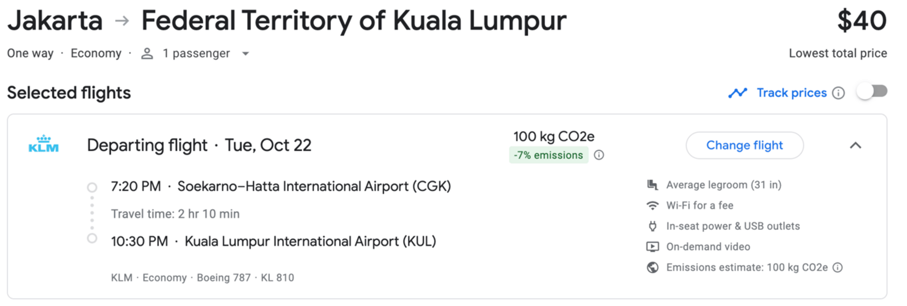 Sample flight from Jakarta to Kuala Lumpur