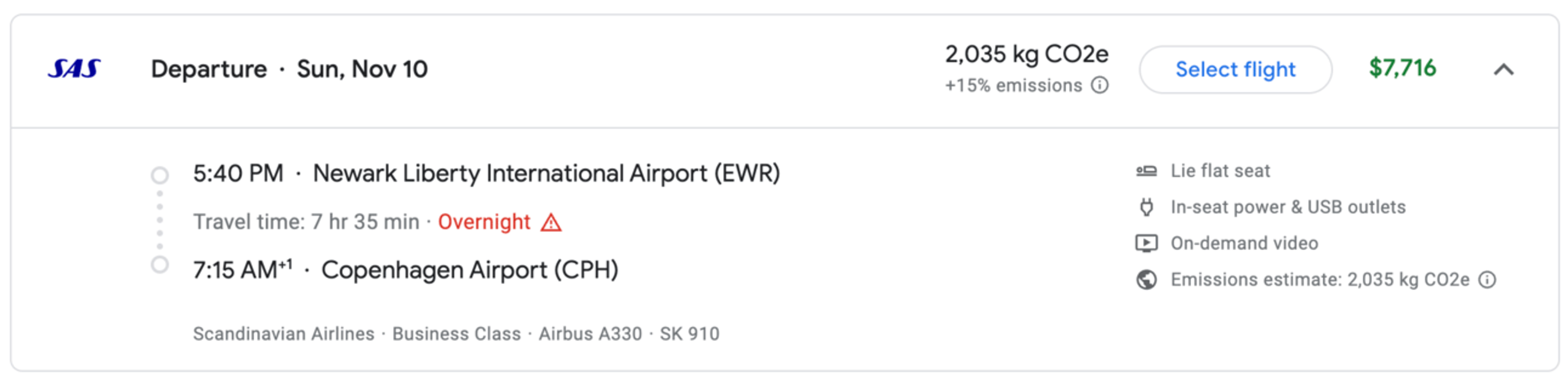 Example of a cash business-class flight on SAS for over $7,000