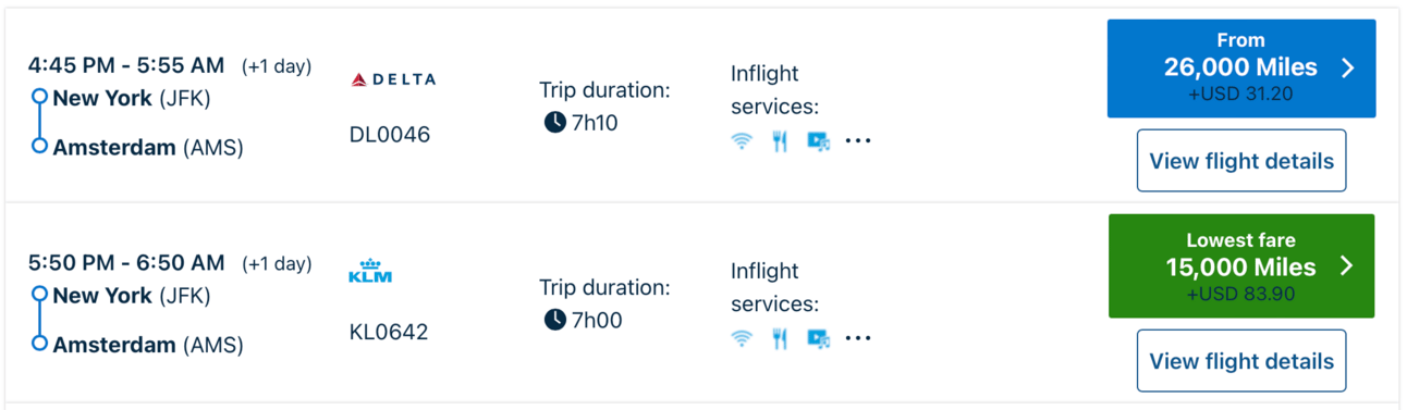 Award flight search on KLM