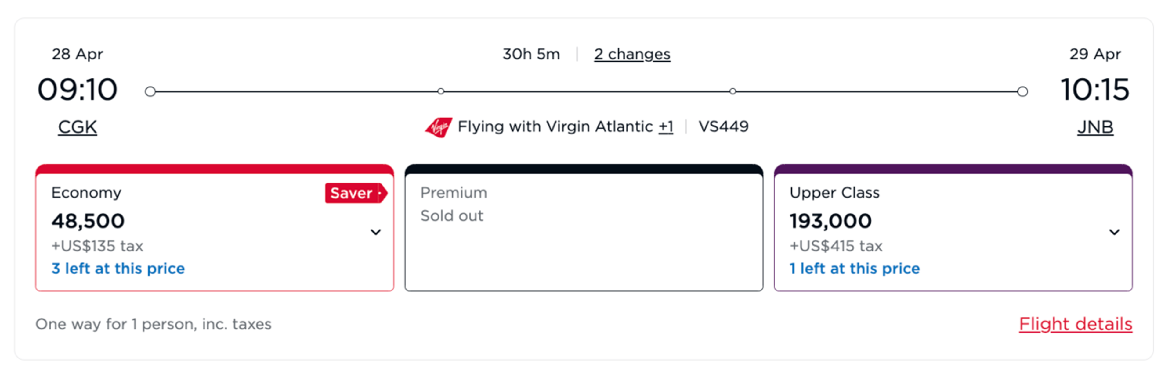 Jakarta to Johannesburg for 193,000 Virgin miles