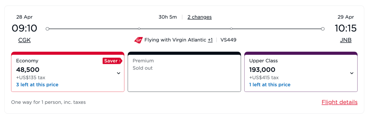 Jakarta to Johannesburg for 193,000 Virgin miles