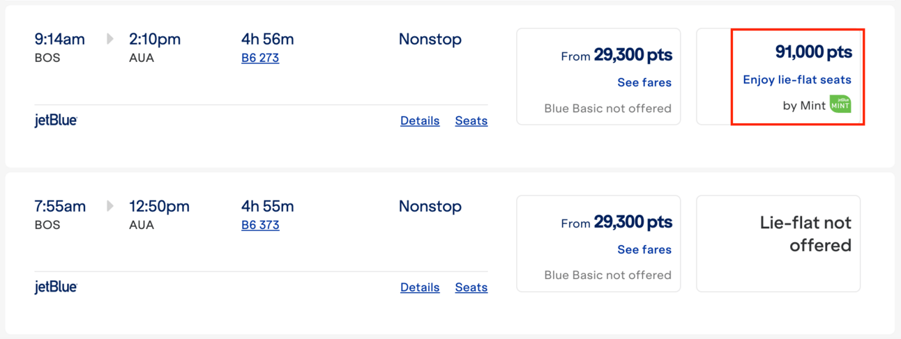 Example of a JetBlue Mint booking for 91,000 points