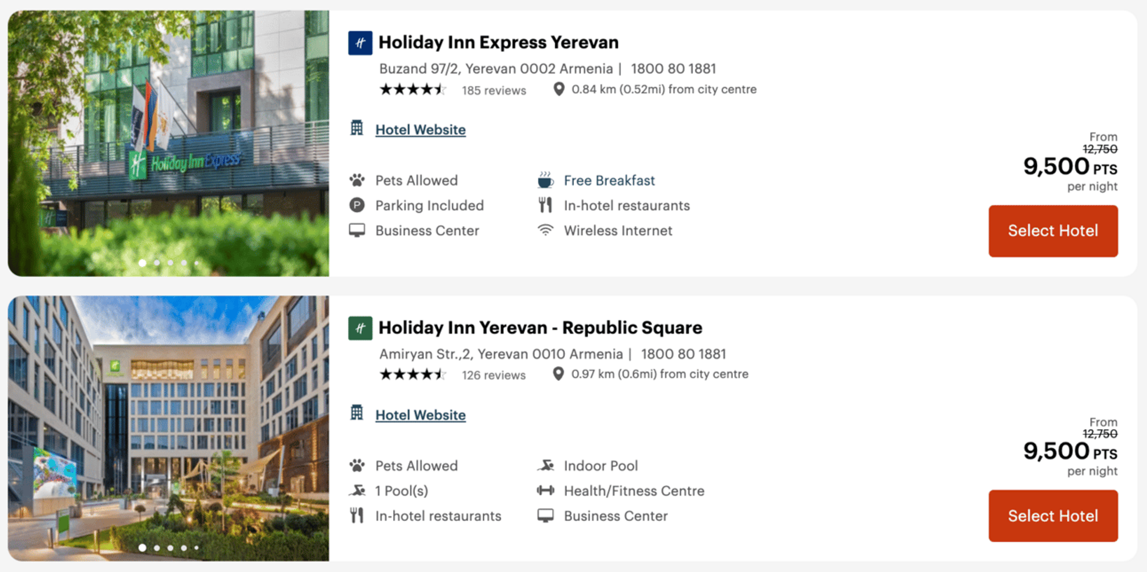 Example of two hotels in Yerevan for 9,500 points per night