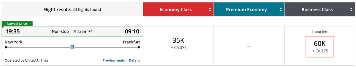 Searching for United flights on Aircanada.com