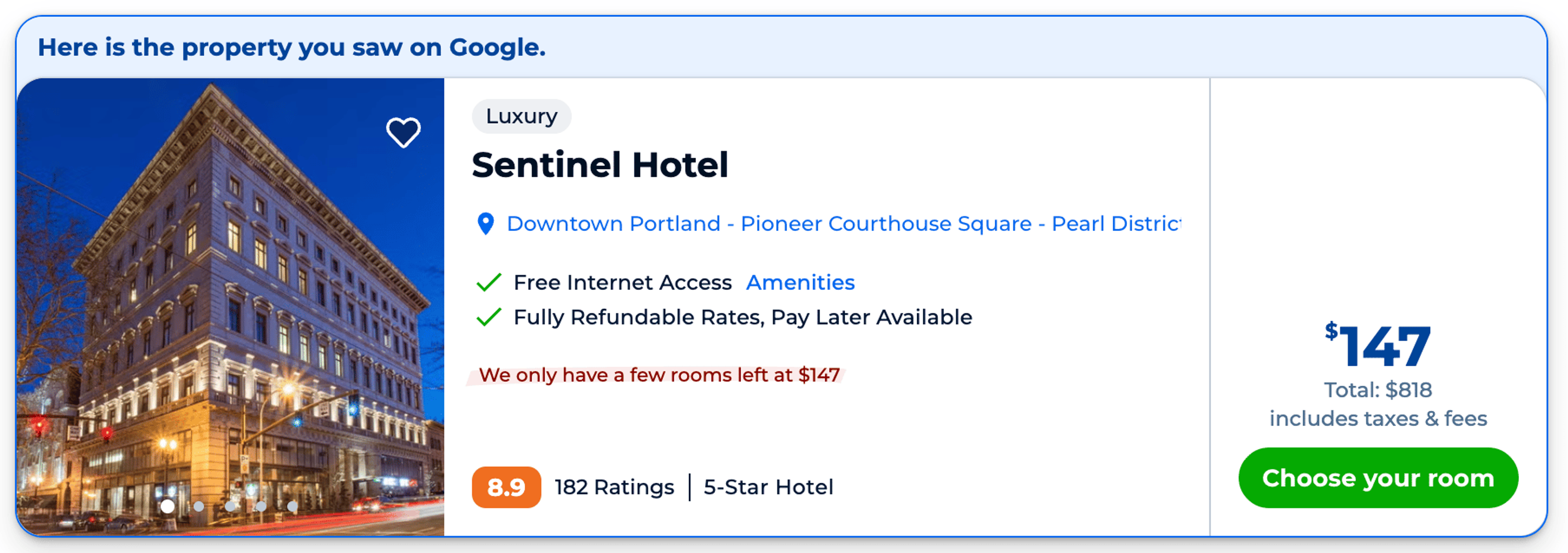 Sentinel Hotel booked through Priceline