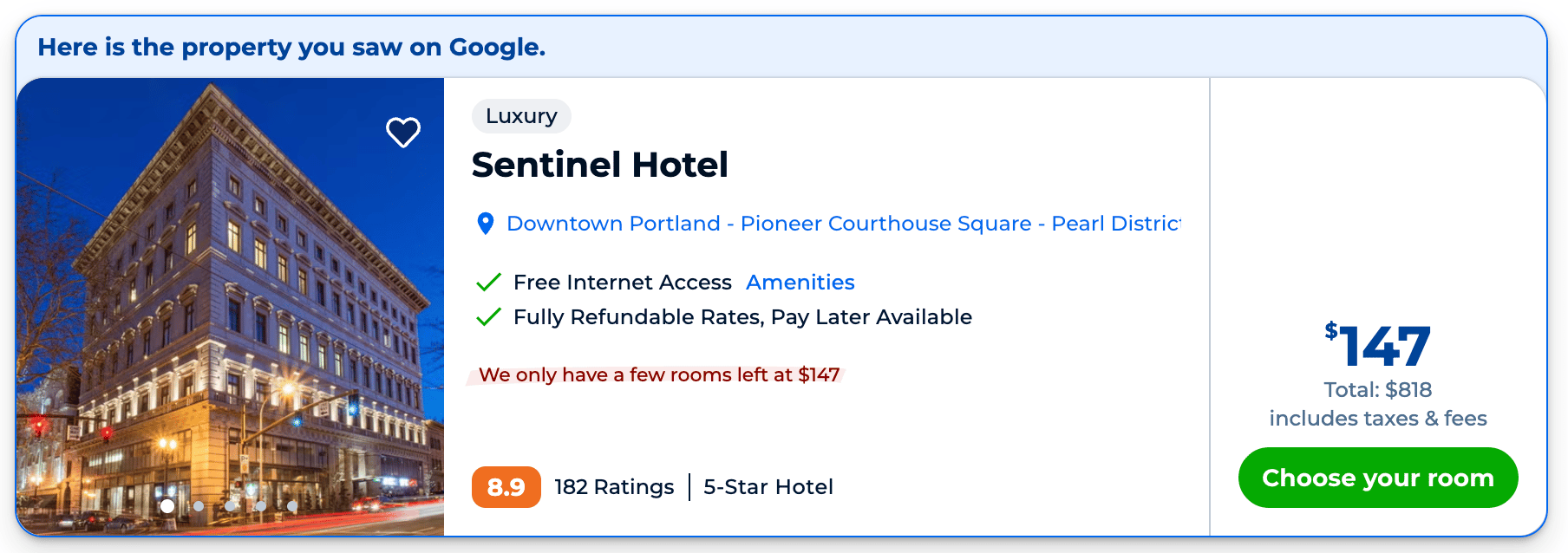 Sentinel Hotel booked through Priceline