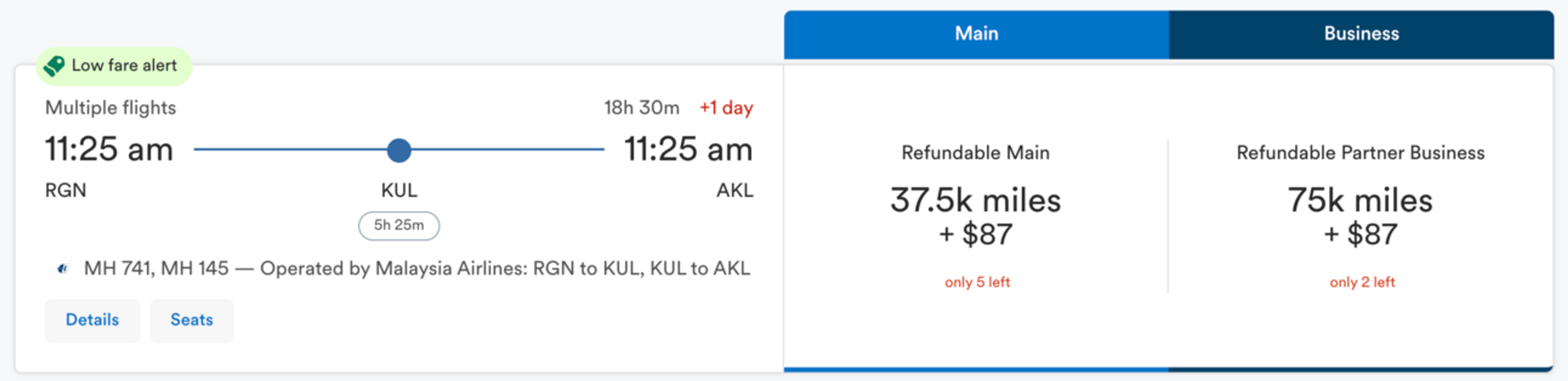Yangon to Auckland for 75k Alaska miles