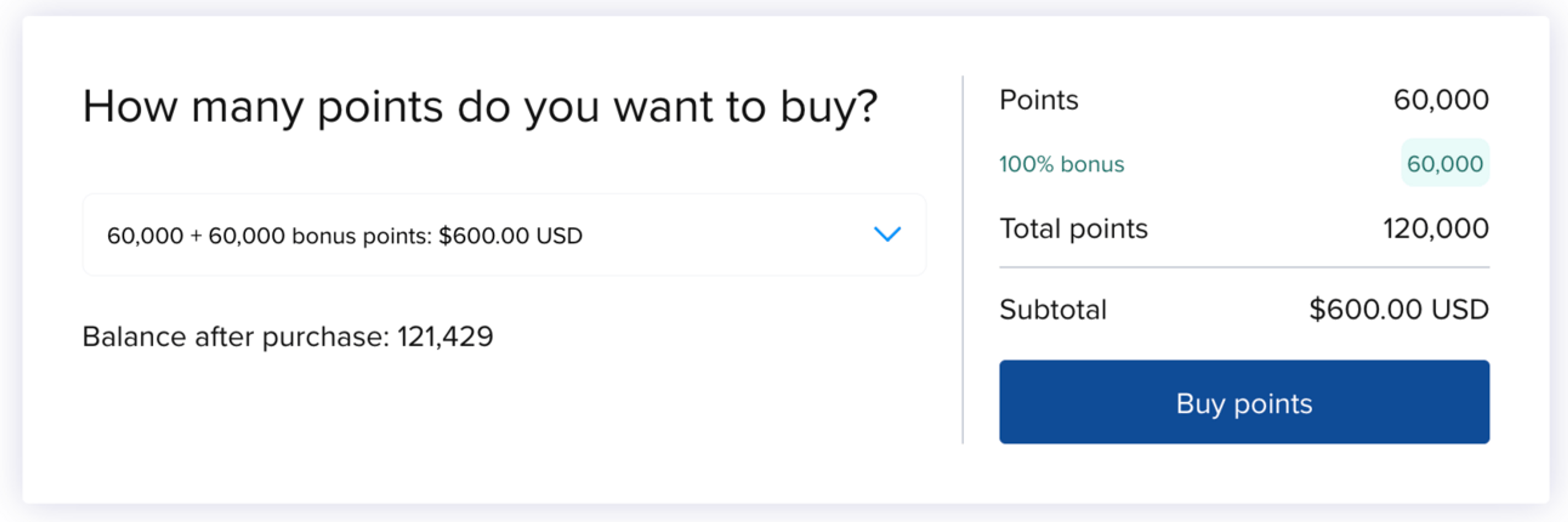 Example of buying 120,000 points for $600 with the current sale