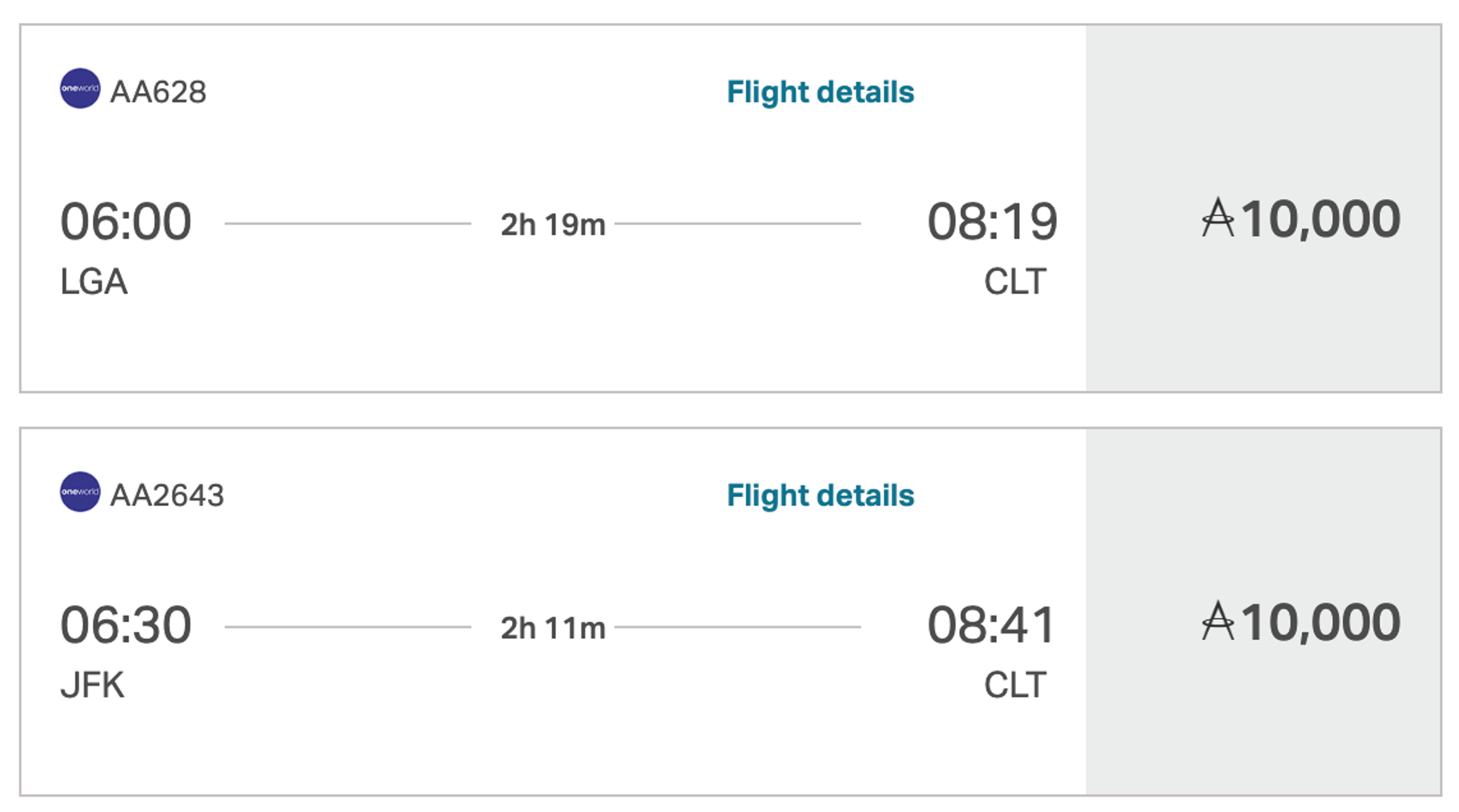 New York to Charlotte for 10,000 Cathay Miles
