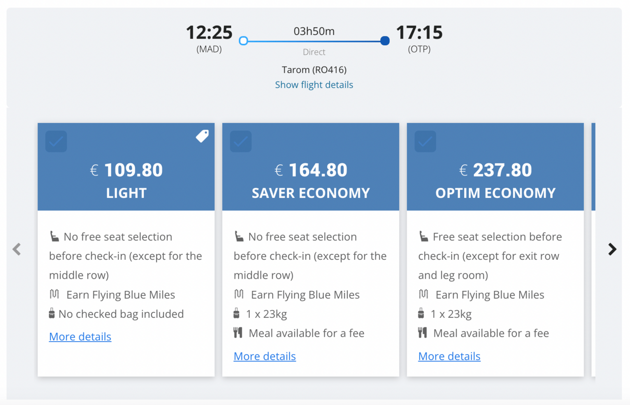 Example of various economy fares for a TAROM flight