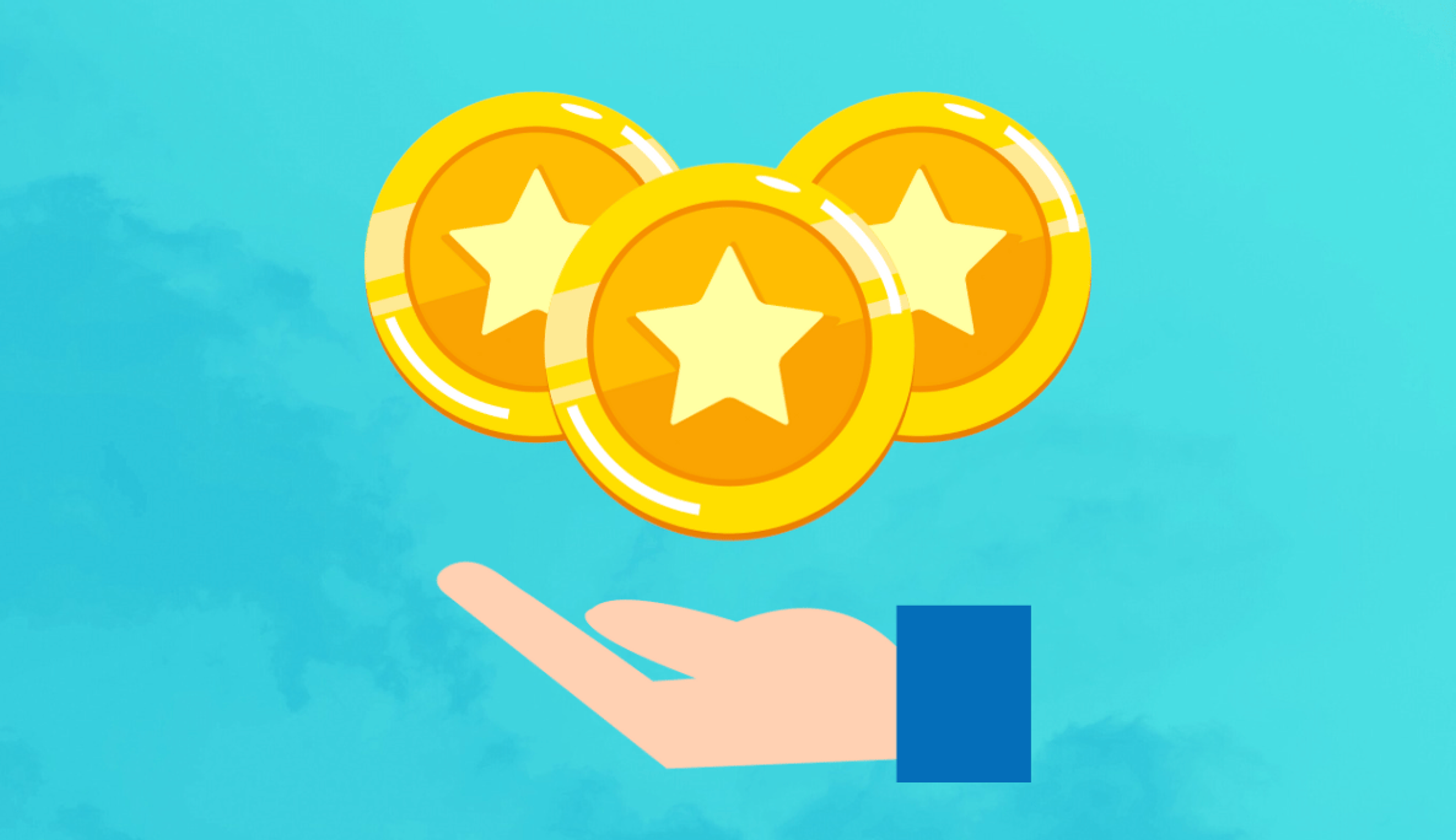 A hand and gold coin graphic on a turquoise background