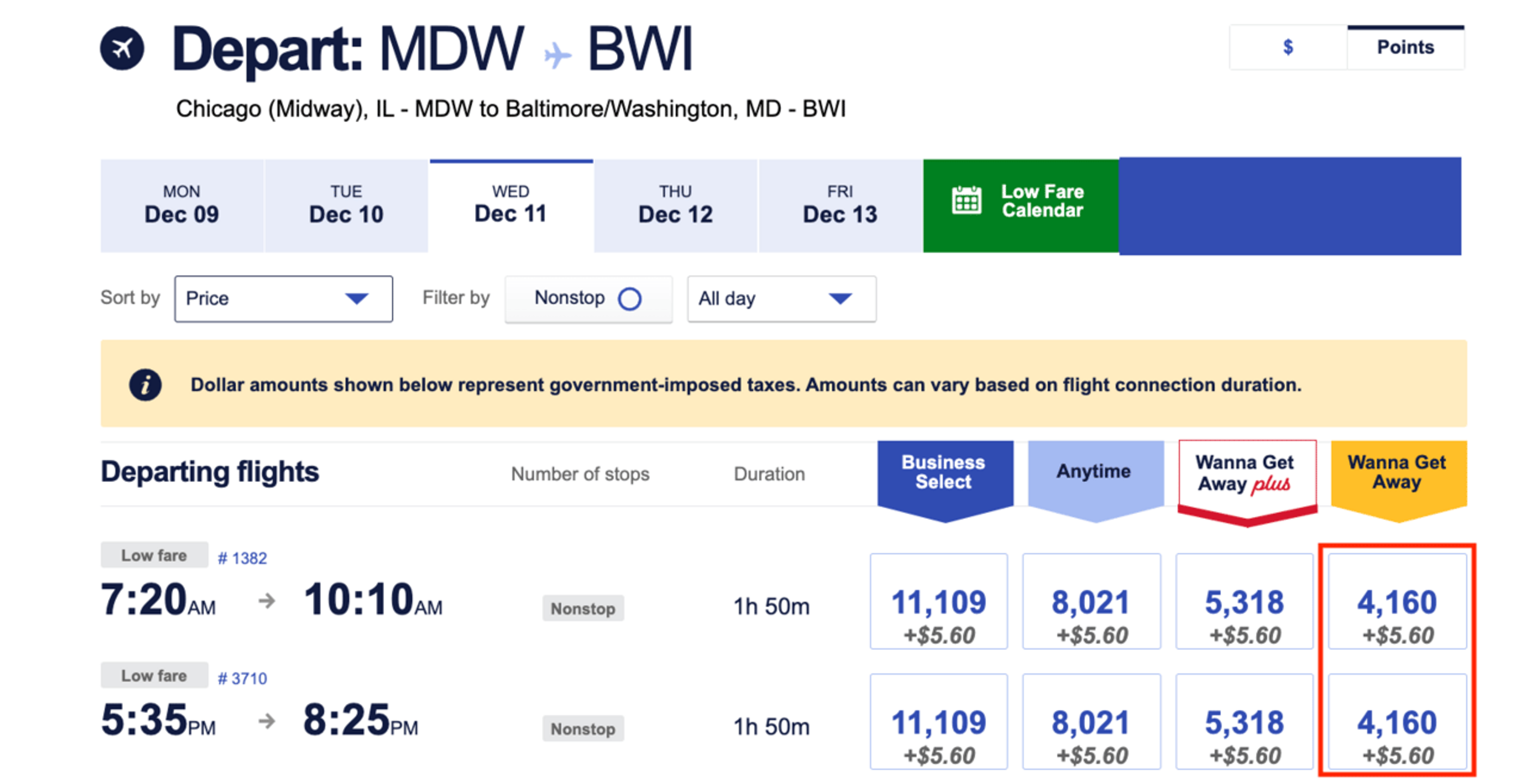 Chicago to Baltimore for 4,160 Southwest points