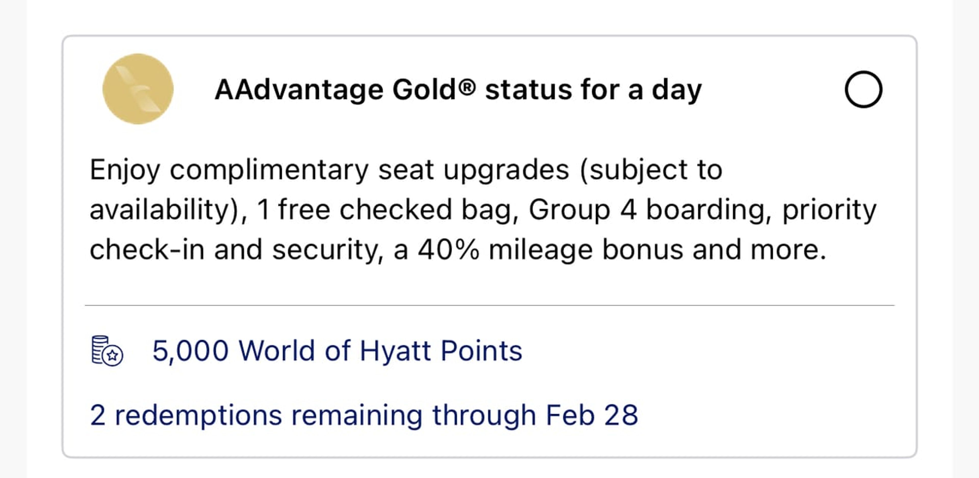 Redeem 5,000 Hyatt points for AA Gold status for a day