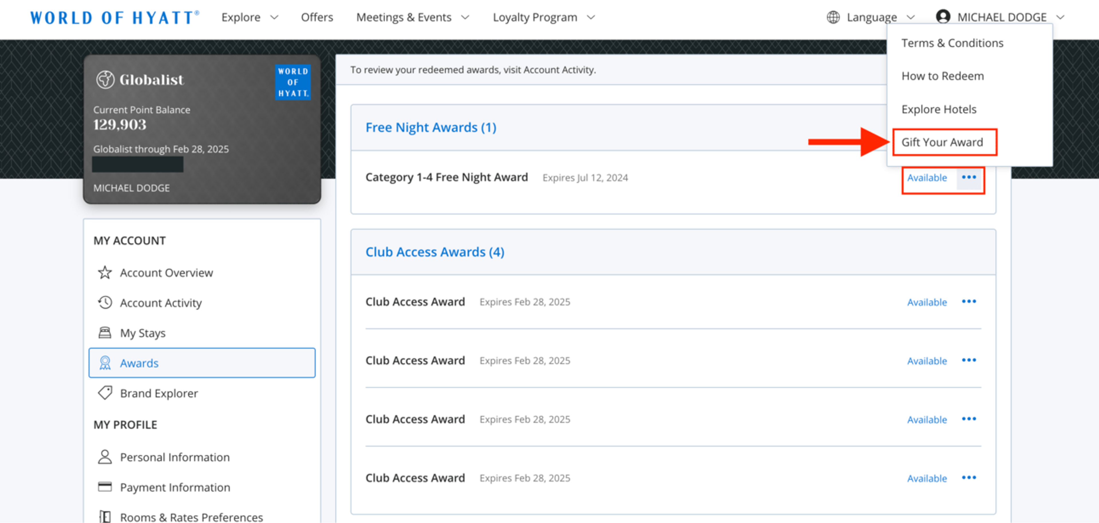 A screenshot of the "awards" section of Mike's Hyatt account, with visual instructions for gifting awards to other members