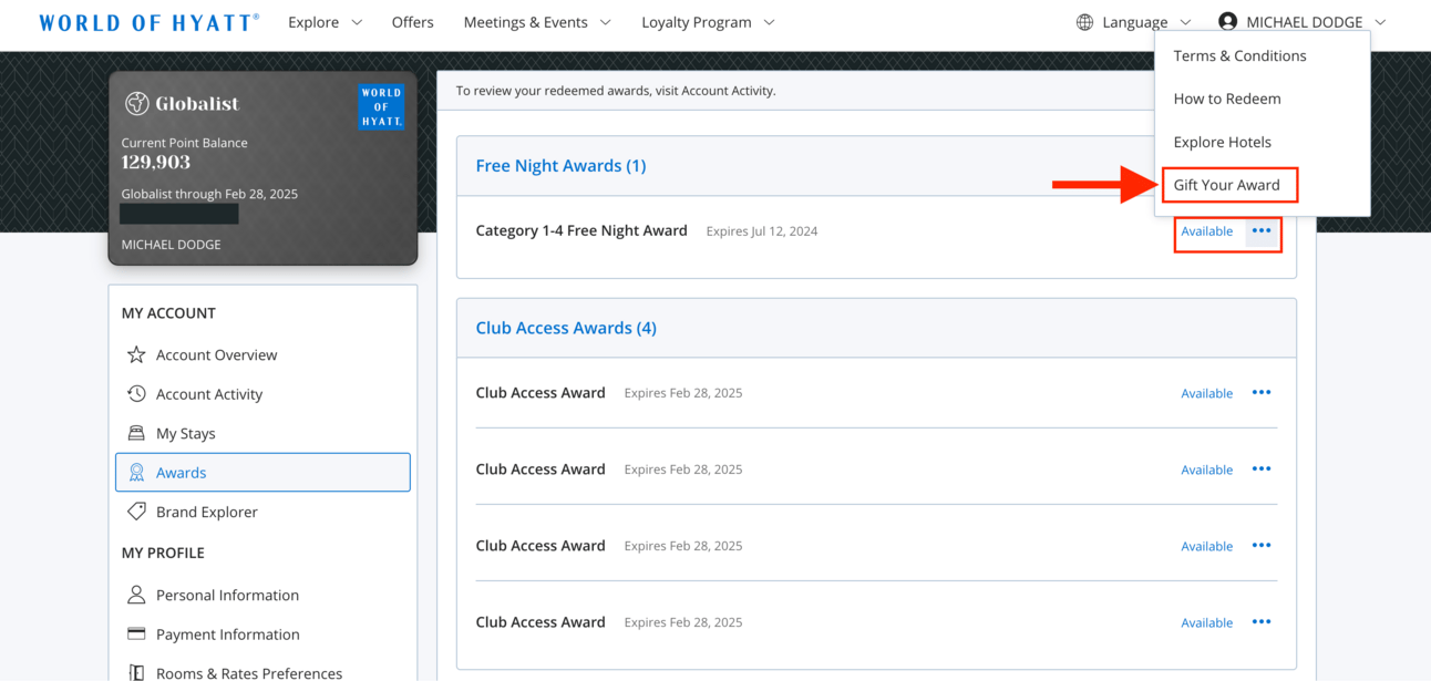 A screenshot of the "awards" section of Mike's Hyatt account, with visual instructions for gifting awards to other members