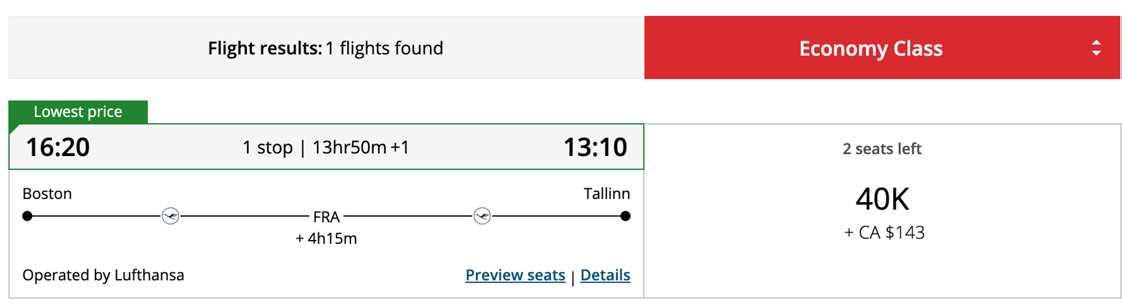 Boston to Tallinn for 40,000 Aeroplan points