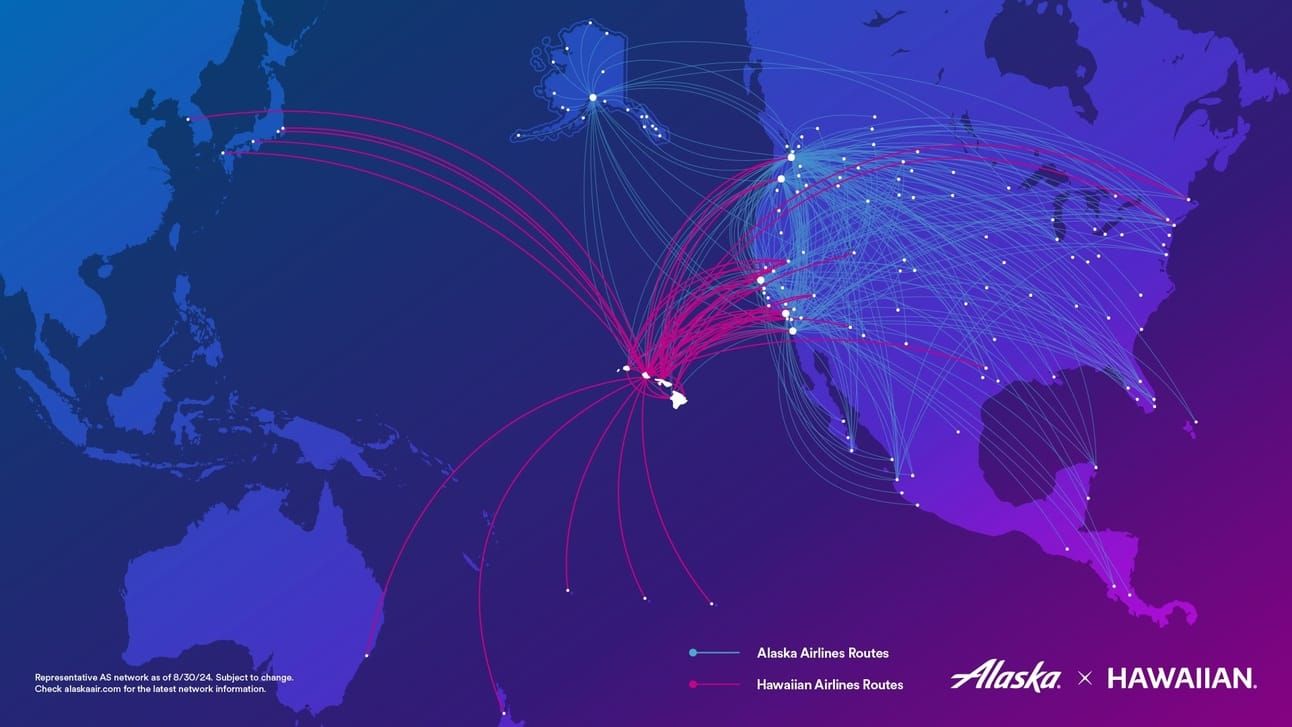 A map showing the total route network of Alaska and Hawaiian