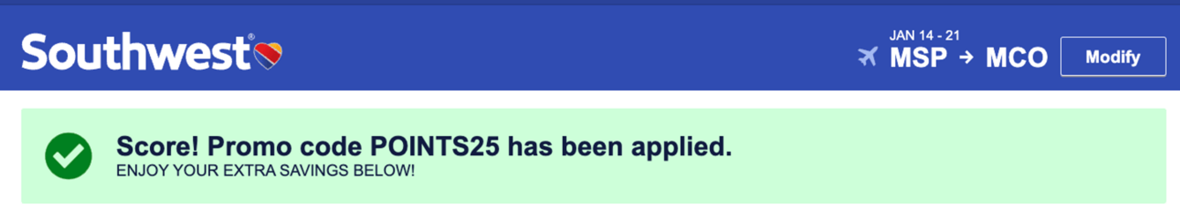 Image showing the successful use of Southwest's new promo code
