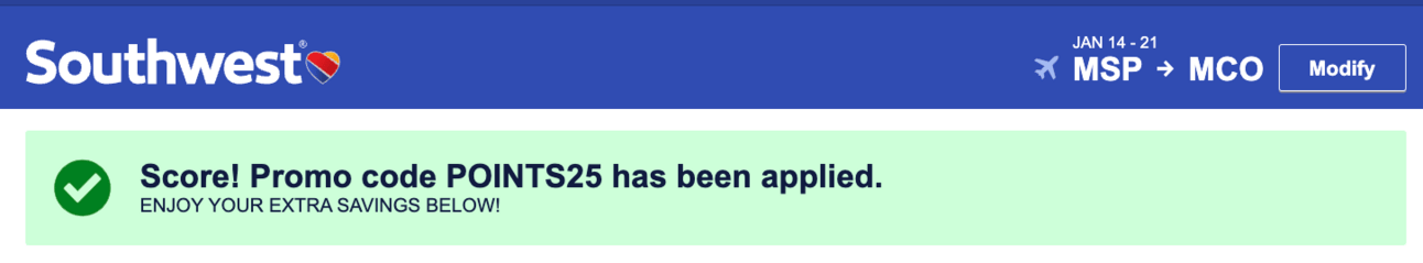 Image showing the successful use of Southwest's new promo code